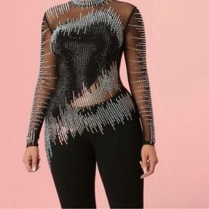 Black Mesh Jumpsuit with Silver Stud Detailing